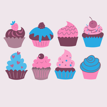 Set with different decorative cupcakes and cakes