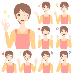若い主婦　エプロン　顔　表情　美人　フラット　イラスト　セット