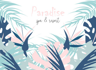 Fototapeta na wymiar Tropical jungle summer illustration of different palm leaves and wild flowers. Summer paradise. Pastel print for advertising, brochure, banner, invitation, business, wedding, birthday, party