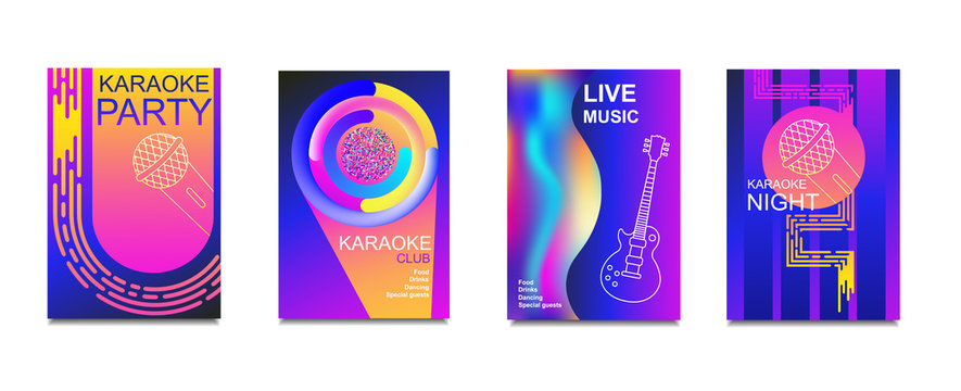 Karaoke party invitation flyer template. Concept for a night club.Design template.Advertising bright karaoke bar, party, disco bar.Live music.Ticket Neon Vector.Set of neon banner poster