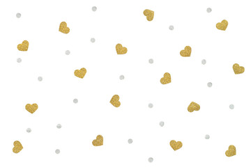 Gold and silver glitter heart and dot confetti paper cut background - isolated