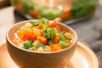 Steamed Organic Vegetable Medly with Peas, Corn, Beans, and Carrots