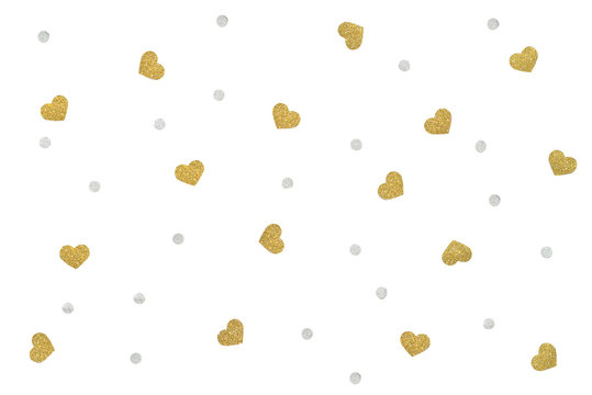 Gold And Silver Glitter Heart And Dot Confetti Paper Cut Background - Isolated