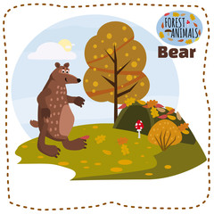 Obraz na płótnie Canvas Bear cute cartoon style in background forest, isolated, vector
