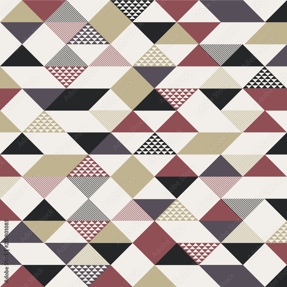 Poster abstract retro style triangles pattern with lines diagonally gold, black, red color on white backgro