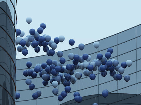 View of blue balloons reflected on glass building, Idea of Celebration by floating balloons on blue sky and round architecture, 3D rendering