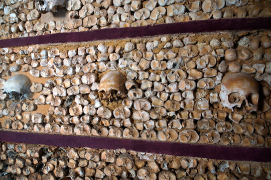 Faro (Algarve) Portugal. Wall of the Interior of the Capela dos Ossos, or Chapel of Bones in the city of Faro