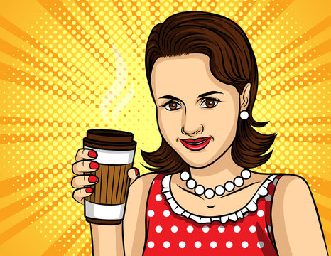 Vector colorful pop art comic style illustration of a pretty woman in red dress drinking a coffee. Portrait of young beautiful lady with paper cup of hot drink