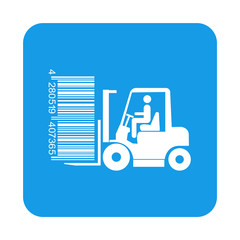 Icono plano codigo de barras carretilla elevadora en cuadrado azul
