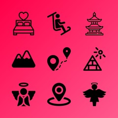 Vector icon set about travel and tourism with 9 icons related to winter, street, red, laptop, peak, pointer, modern, place, los and bow