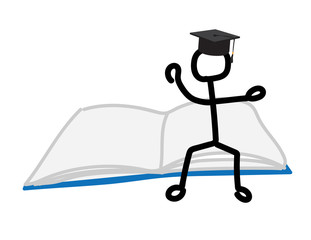 Doodle stickfigure with black graduate cap sitting on open books