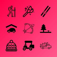 Vector icon set about fitness and sport with 9 icons related to model, tourism, season, natural, valley, icon, sign, aim, traffic and object