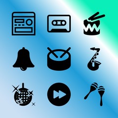 Fototapeta premium Vector icon set about music with 9 icons related to set, gear, treble, trommel, chemistry, compass, audiotape, child, dj and media