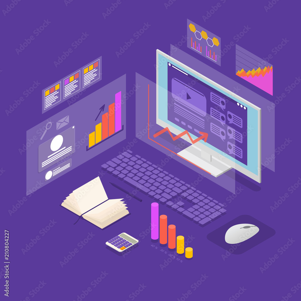Poster analysis data investment concept 3d isometric view. vector