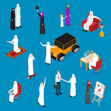 Arab Muslims People 3d Icons Set Isometric View. Vector