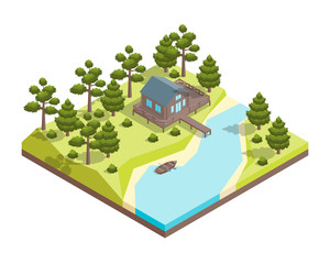 House Forest Lake Concept 3d Isometric View. Vector