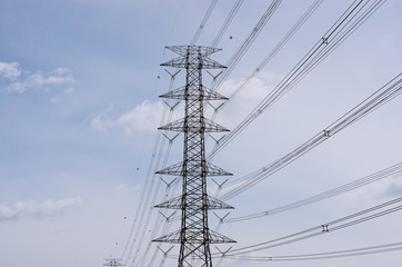 Hight Voltage Pole and The Blue Sky with Clouds.