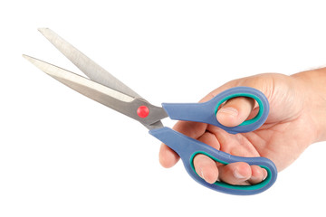 Stationery scissors in hand on white background.