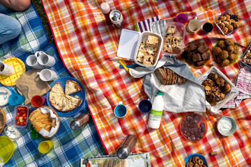 Summer picnic party with lots of homemade sweet and savoury food on bright chequered blankets from above.