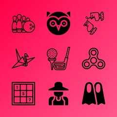 Fototapeta premium Vector icon set about hobby with 9 icons related to hunt, clothing, element, work, hobby, fidget spinner, popular, happy, portrait and grow