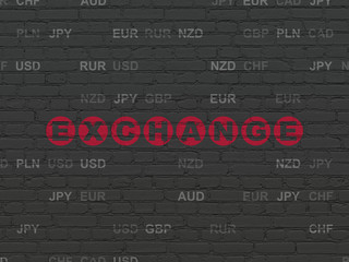 Money concept: Painted red text Exchange on Black Brick wall background with Currency