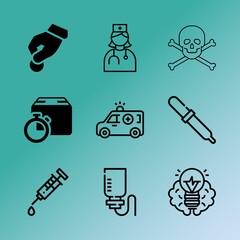 Fototapeta premium Vector icon set about medicine with 9 icons related to transport, silhouette, food, hospital, paper, room, clinic, urgent, skincare and aid