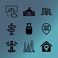 Vector icon set about building with 9 icons related to civic, pointer, gate, innovation, woman, location, travel, connection, leisure and waterfront