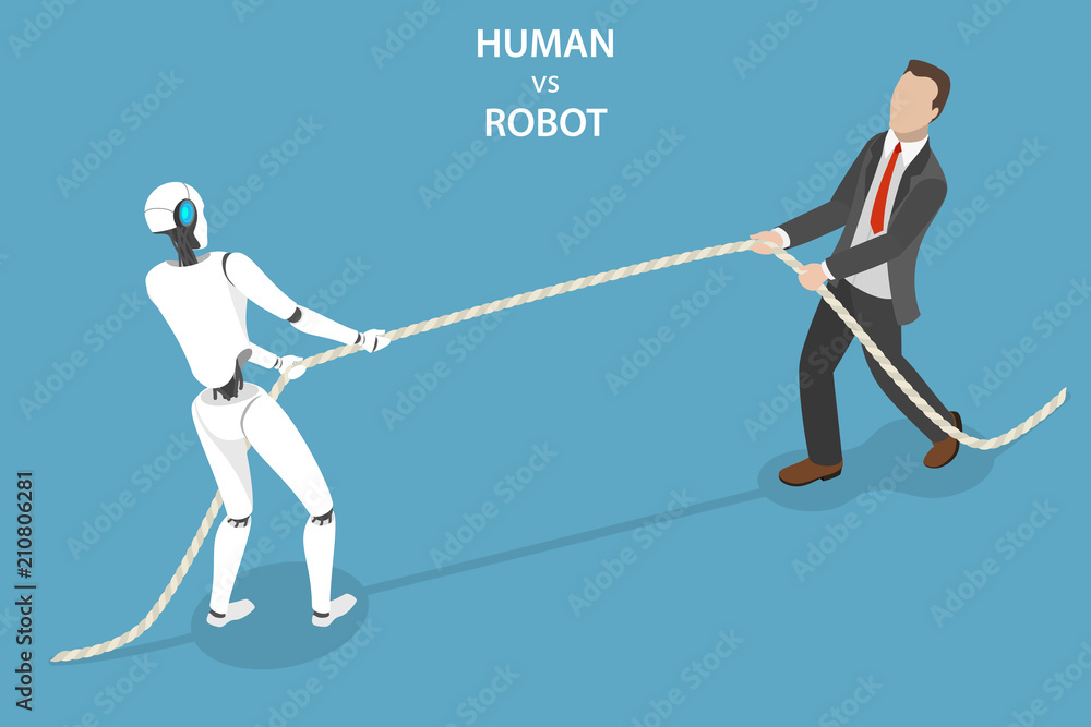 Poster flat isometric vector concept of the competition of a robot and a human, artificial intelligence, bu