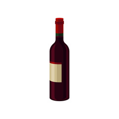 Bottle of red dry wine with label. Alcoholic beverage. Flat vector element for promo poster or banner of liquor store