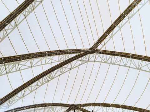 Structural Glass Facade Curving Roof Of Fantastic Building. Abstract Background