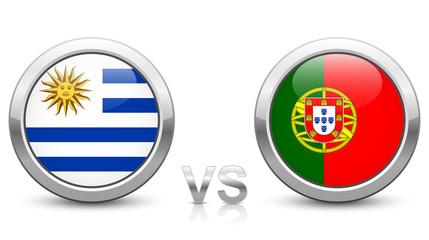 Uruguay vs. Portugal. 2018 tournament. Shiny metallic icons buttons with national flags isolated on white background.