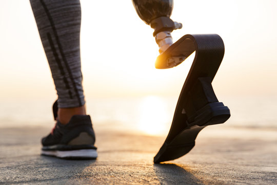 Back view close up of disabled athlete woman