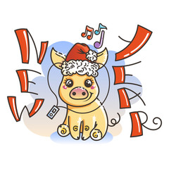 Happy New 2019 Year card with cartoon golden baby pig. Small symbol of holiday.