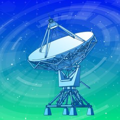 Satellite Dishes Antenna - doppler radar, digital wave and blue technology background - abstract illustration of science, astronomy, information technology, network solutions and digital technologies