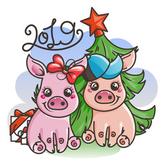 Happy New 2019 Year card with cartoon baby pigs. Small symbol of holiday.
