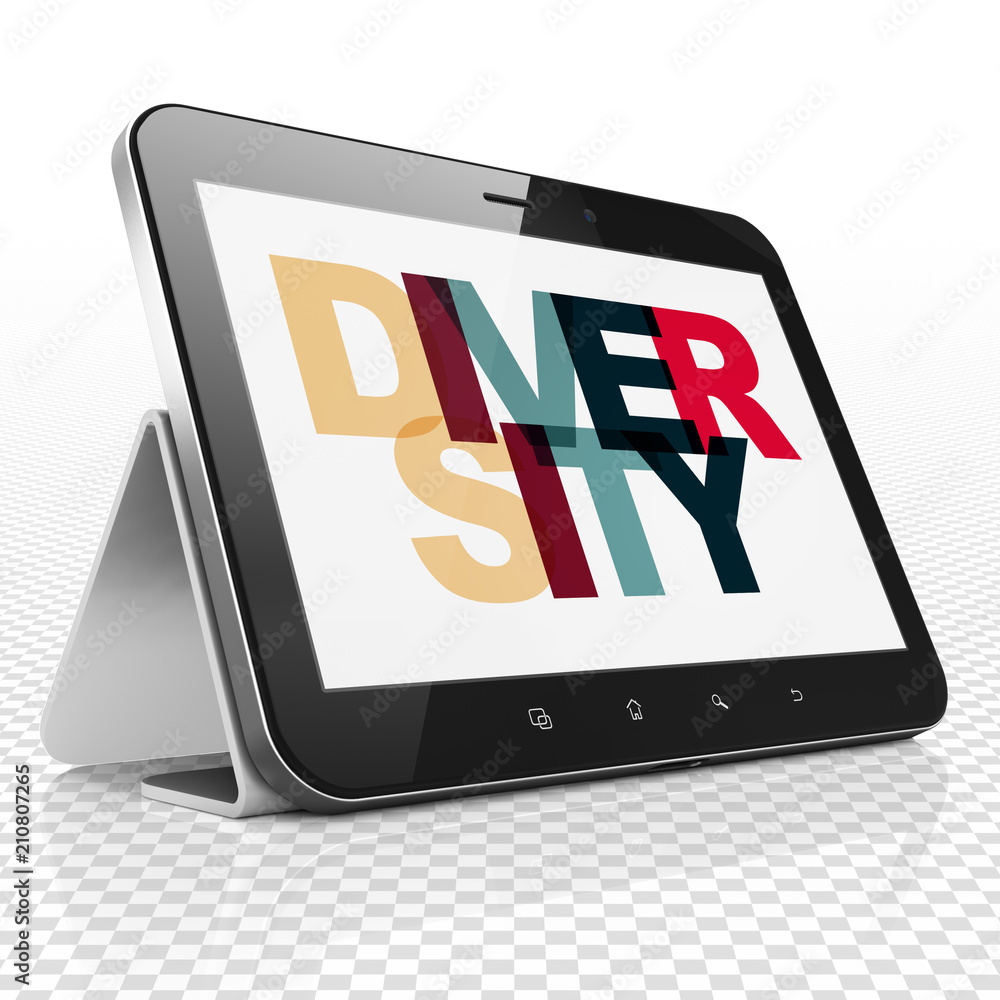 Poster business concept: tablet computer with painted multicolor text diversity on display, 3d rendering