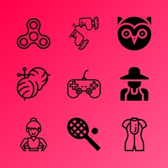 Naklejka premium Vector icon set about hobby with 9 icons related to fidget spinner, cool, women, handmade, boots, creative, thread, can, anxiety and seeds