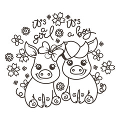 Cute cartoon baby pigs in love