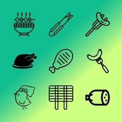 Vector icon set about barbecue with 9 icons related to bbq, red, kitchen, recipe, board, herb, fire, tool, new and charcoal