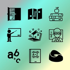 Vector icon set about education with 9 icons related to stack, reader, encyclopedia, business, planet, tutor, academic, public, silhouette and classic