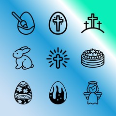 Vector icon set about easter with 9 icons related to woman, sketch, praise, ornament, confectionery, cinnamon, pie, frame, winter and color