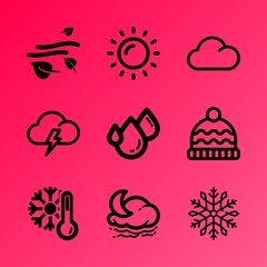 Vector icon set about weather with 9 icons related to wind, power, tree, storm, creative, pattern, moisture, sunny, gold and space