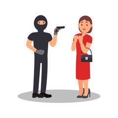 Man with gun robbing young woman. Robber in black clothes and mask. Street robbery. Female in stress situation. Flat vector design