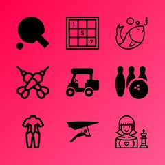 Vector icon set about hobby with 9 icons related to indoor, concept, vacation, educational, shot, hair, fly, sunny, golf and family