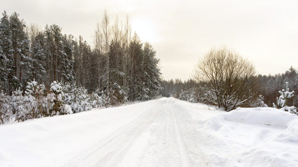 Obraz premium Vanishing snow-covered straight highway surrounded by winter forest recedes. Nizhegorodsky region, Russia.