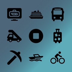 Vector icon set about transport with 9 icons related to backpack, life, logistic, vector, trucking, tourism, activity, aviation, hand and adult