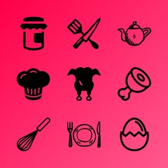 Vector icon set about kitchen with 9 icons related to chef hat, illustration, object, uncooked, lunch, real, animal, tea, oatmeal and eating