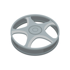 Obraz premium Flat vector icon of alloy wheel. Gray titanium car rim for car or motorcycle. Element for advertising poster or banner of auto shop