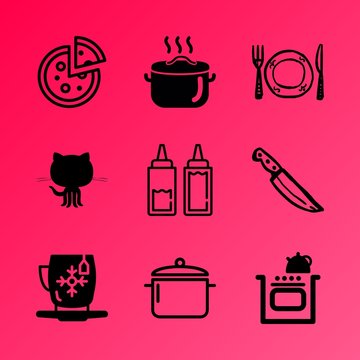 Vector icon set about kitchen with 9 icons related to lunch, cooking, asian, cutlery, chair, cup, cut, fresh, art and nature