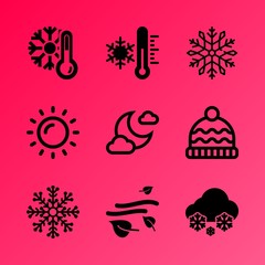 Vector icon set about weather with 9 icons related to climate, sign, cherry, sky, smoke, thermostat, group, cool, celsius and yellow